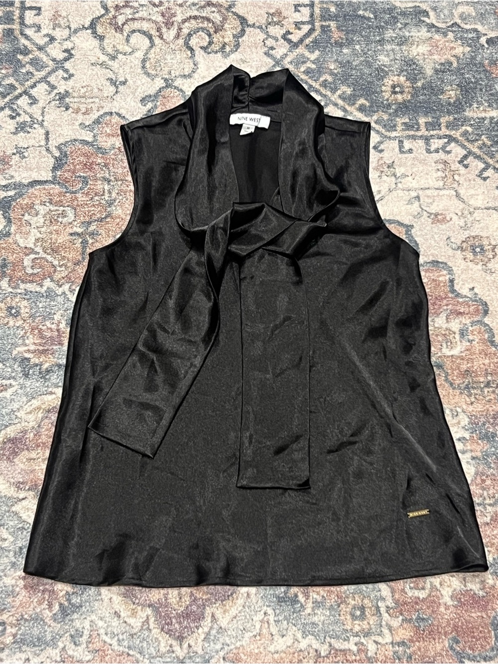 Nine West Black Satin Tie-Neck Sleeveless Blouse